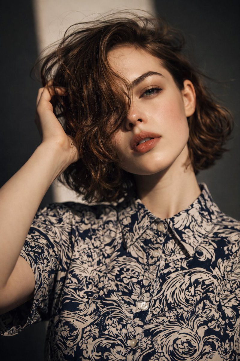 Photorealistic close-up editorial portrait of a young woman with natural makeup, soft lighting, and a blurred minimal background in a calm intimate mood.