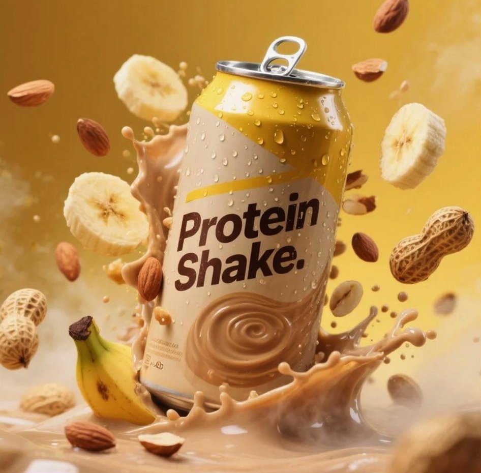 Hyper-realistic advertisement of a protein shake can surrounded by floating banana slices, almonds, and a dynamic milk splash on a vibrant yellow background. Thumbnail 2