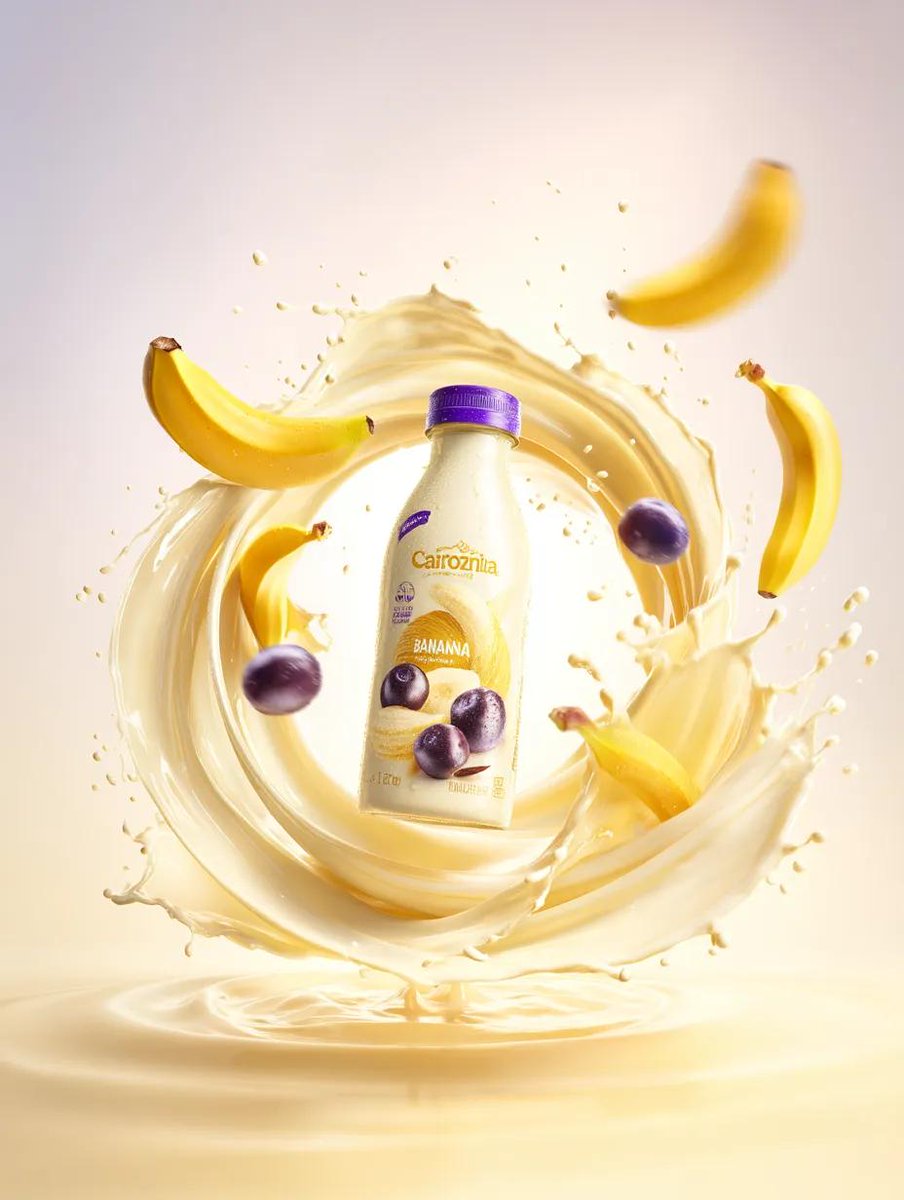Ultra-realistic advertisement of a premium banana milk bottle surrounded by swirling milk splash, floating bananas and berries on a bright yellow background.