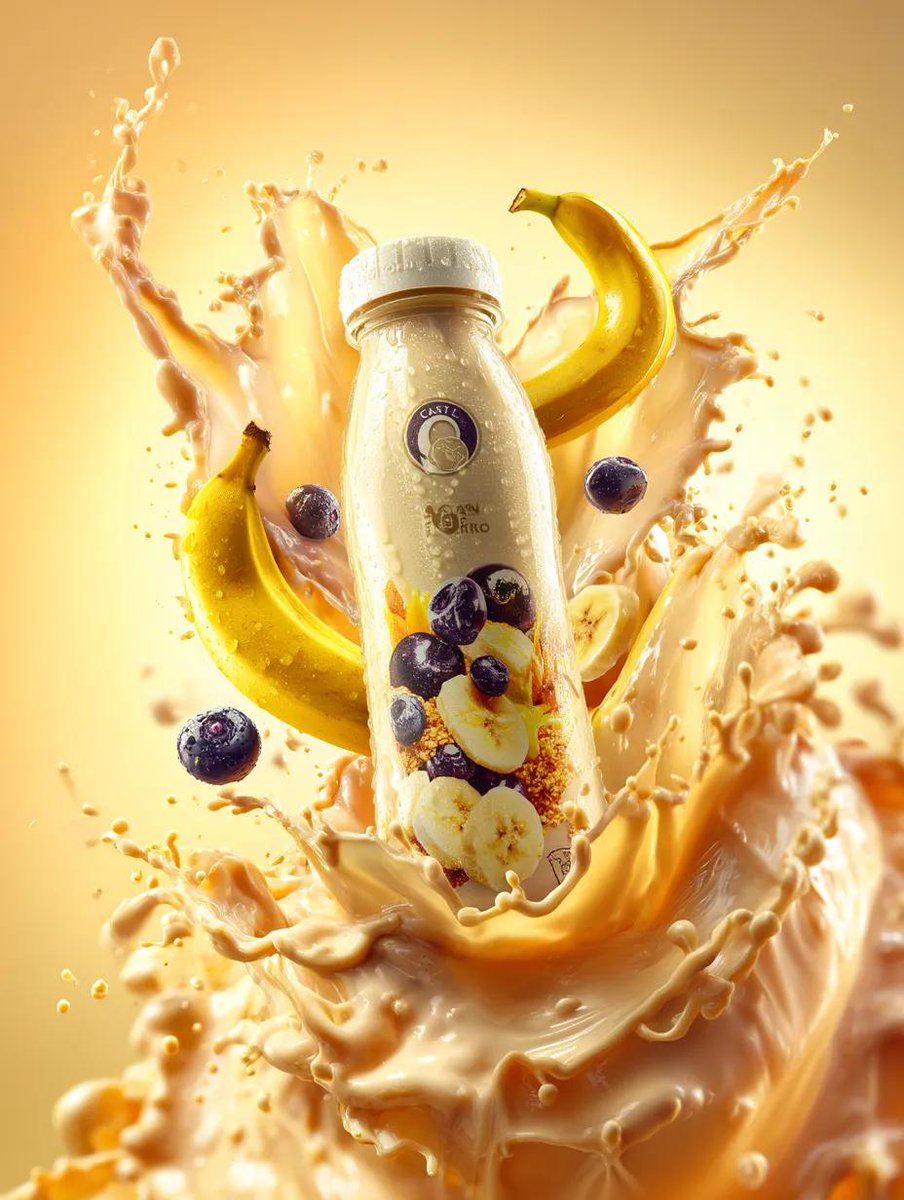 Ultra-realistic advertisement of a premium banana milk bottle surrounded by swirling milk splash, floating bananas and berries on a bright yellow background. Thumbnail 2