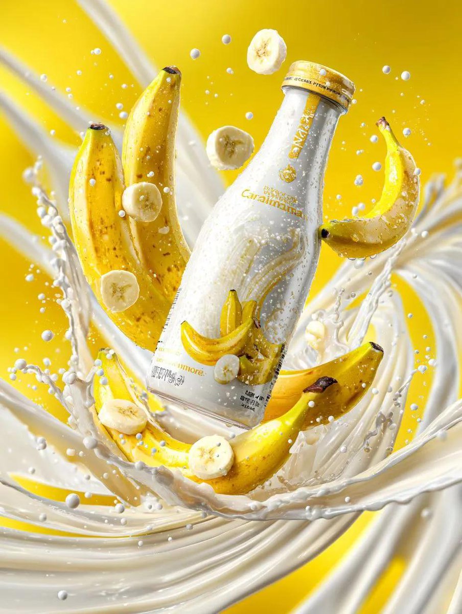 Ultra-realistic advertisement of a premium banana milk bottle surrounded by swirling milk splash, floating bananas and berries on a bright yellow background. Thumbnail 3