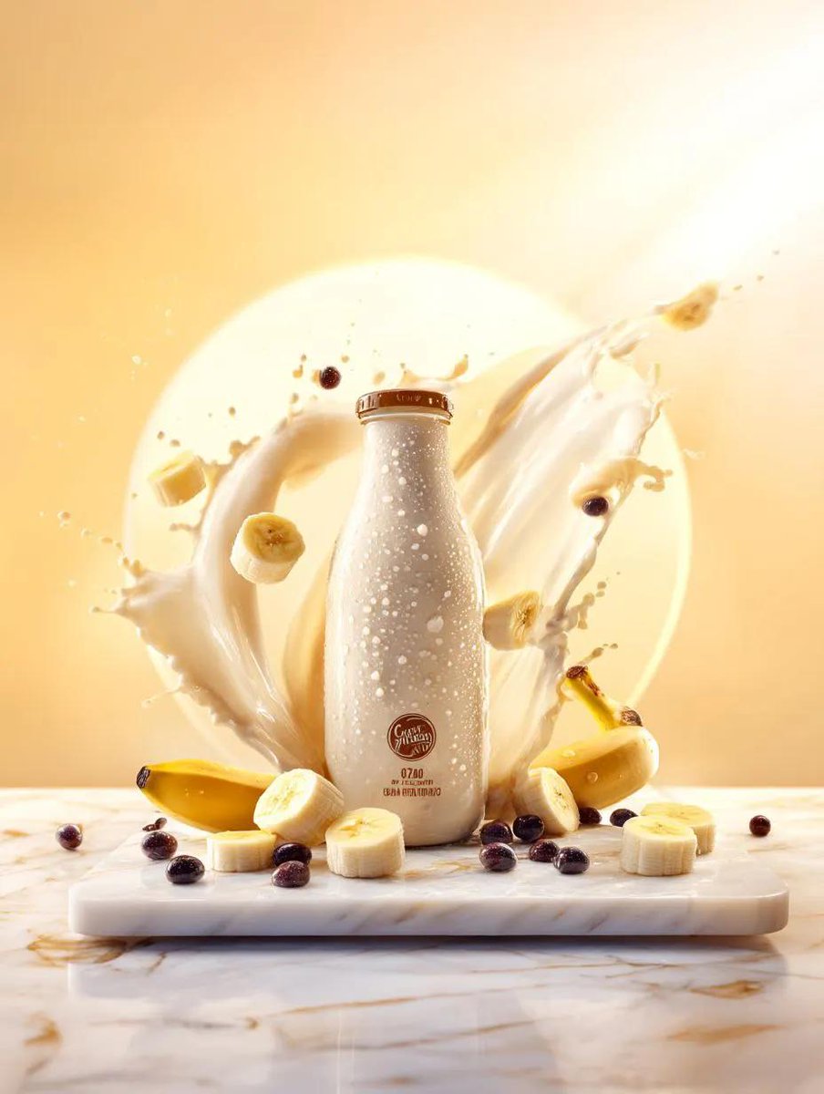 Ultra-realistic advertisement of a premium banana milk bottle surrounded by swirling milk splash, floating bananas and berries on a bright yellow background. Thumbnail 4