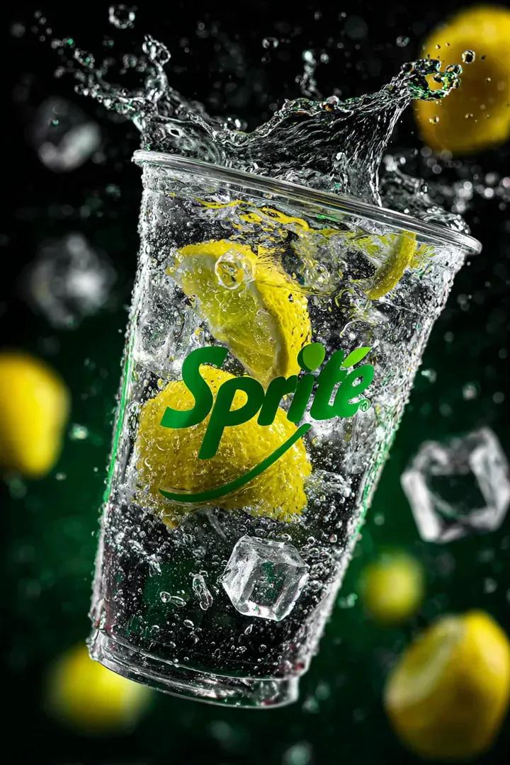 Hyper-realistic floating cup of lemon-lime soda surrounded by sparkling bubbles, ice cubes, and citrus splash effects in a neon studio background.