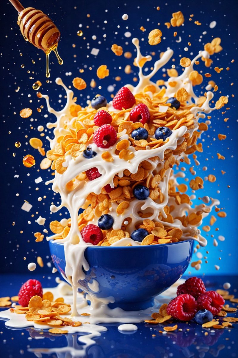 Hyper-realistic commercial food photography series showing floating smoothie bowls, cereal milk splash, and dynamic berry ingredients frozen in mid-air.