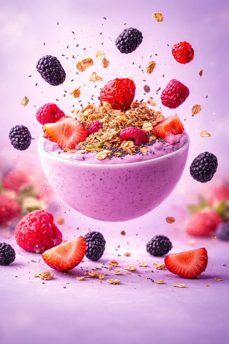 Hyper-realistic commercial food photography series showing floating smoothie bowls, cereal milk splash, and dynamic berry ingredients frozen in mid-air. Thumbnail 3