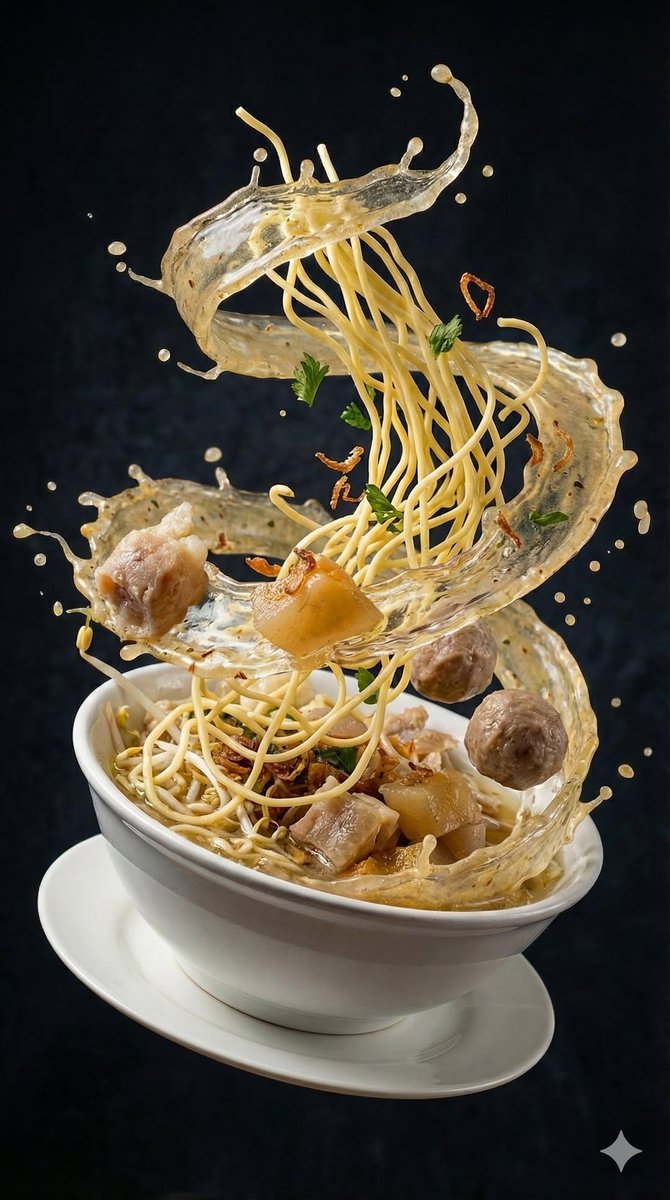 Ultra-realistic high-speed food photography of rich Asian soup with floating ingredients like beef, shrimp, noodles, and vegetables exploding mid-air with cinematic lighting. Thumbnail 3