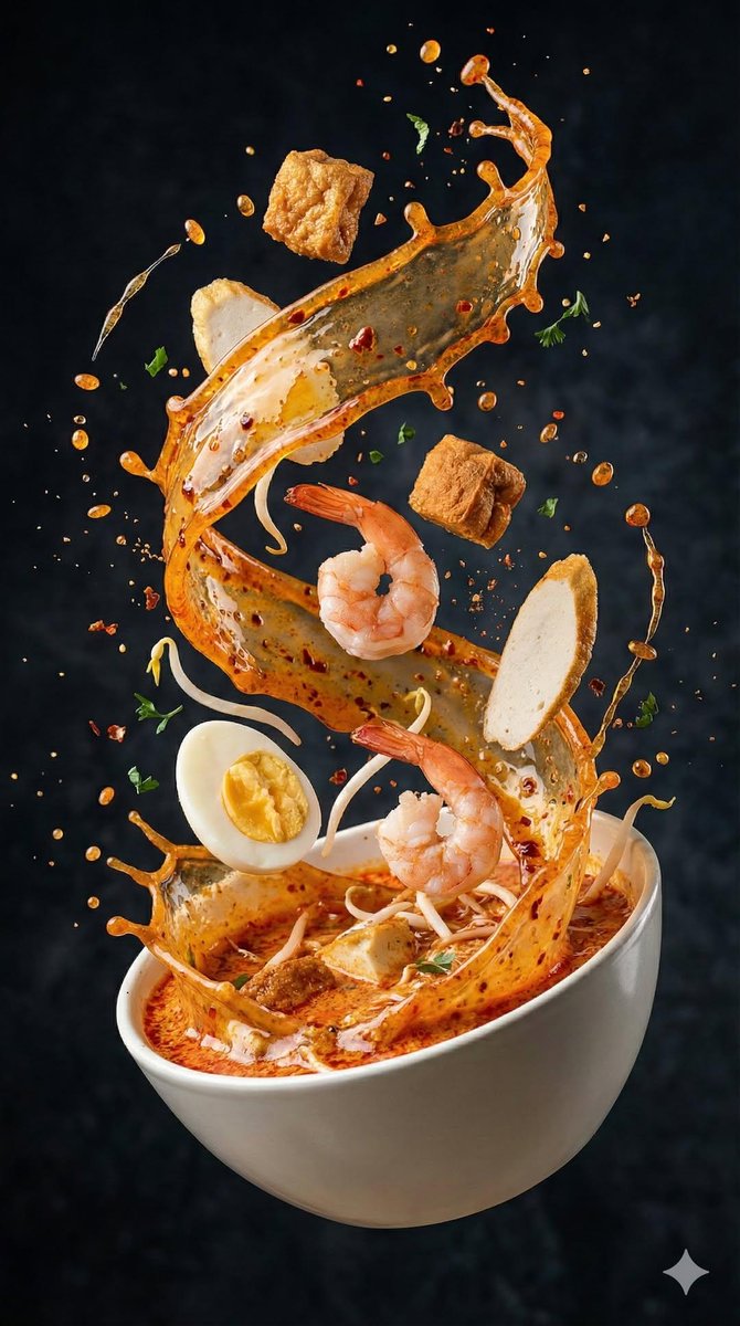 Ultra-realistic high-speed food photography of rich Asian soup with floating ingredients like beef, shrimp, noodles, and vegetables exploding mid-air with cinematic lighting. Thumbnail 4