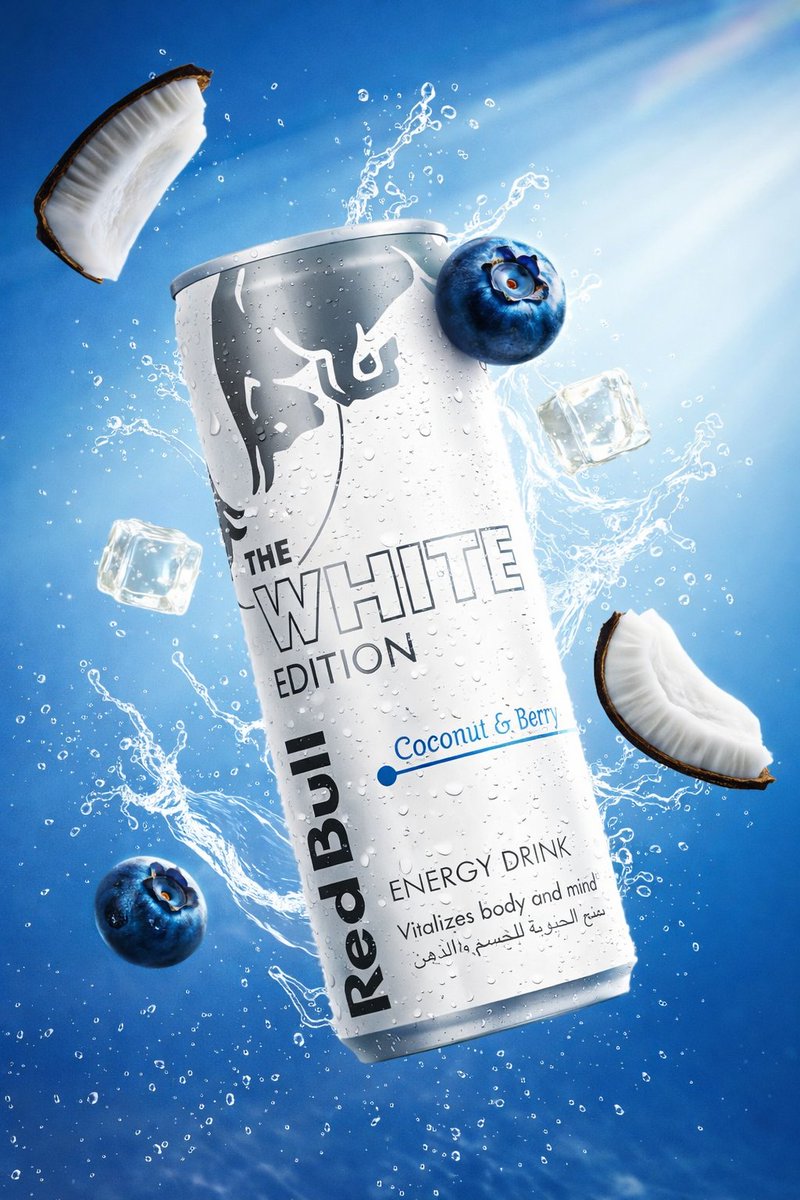 Ultra-realistic energy drink advertising series showing floating cans with purple acai, white coconut berry, and green lemon mojito styles surrounded by fruit and dynamic water splashes. Thumbnail 3