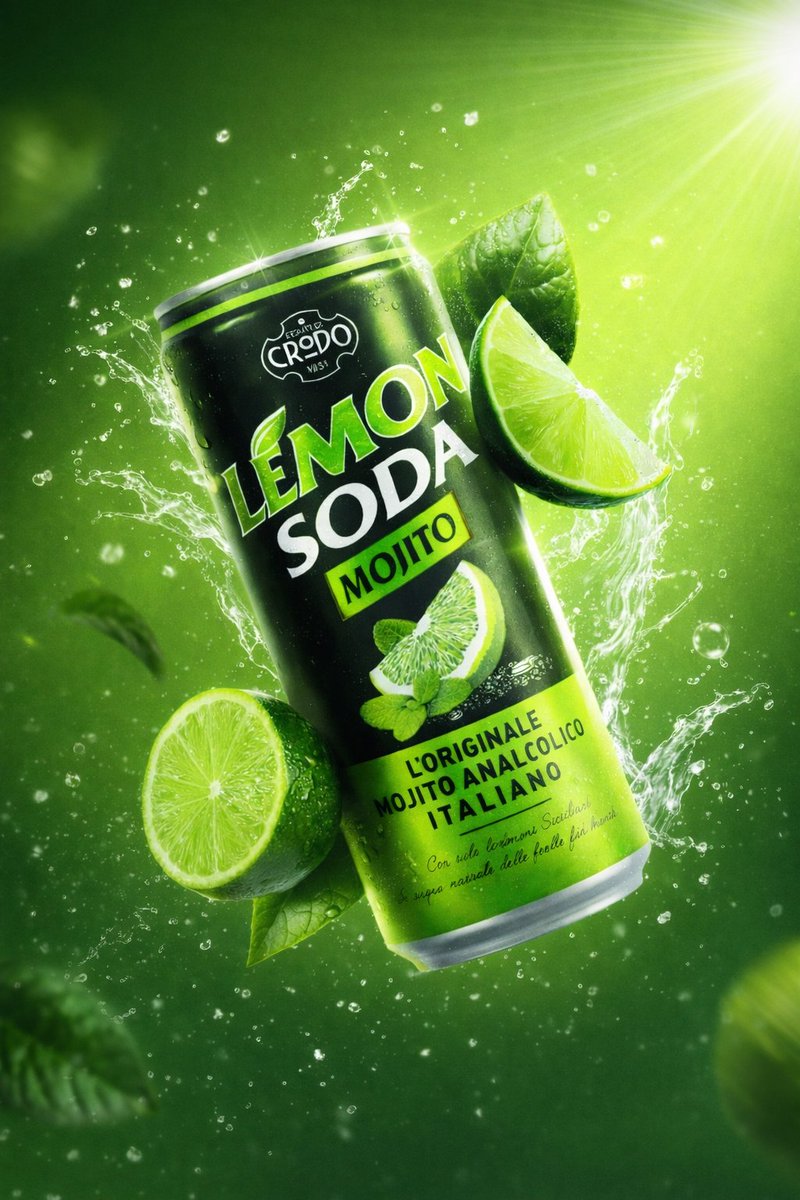 Ultra-realistic energy drink advertising series showing floating cans with purple acai, white coconut berry, and green lemon mojito styles surrounded by fruit and dynamic water splashes. Thumbnail 4