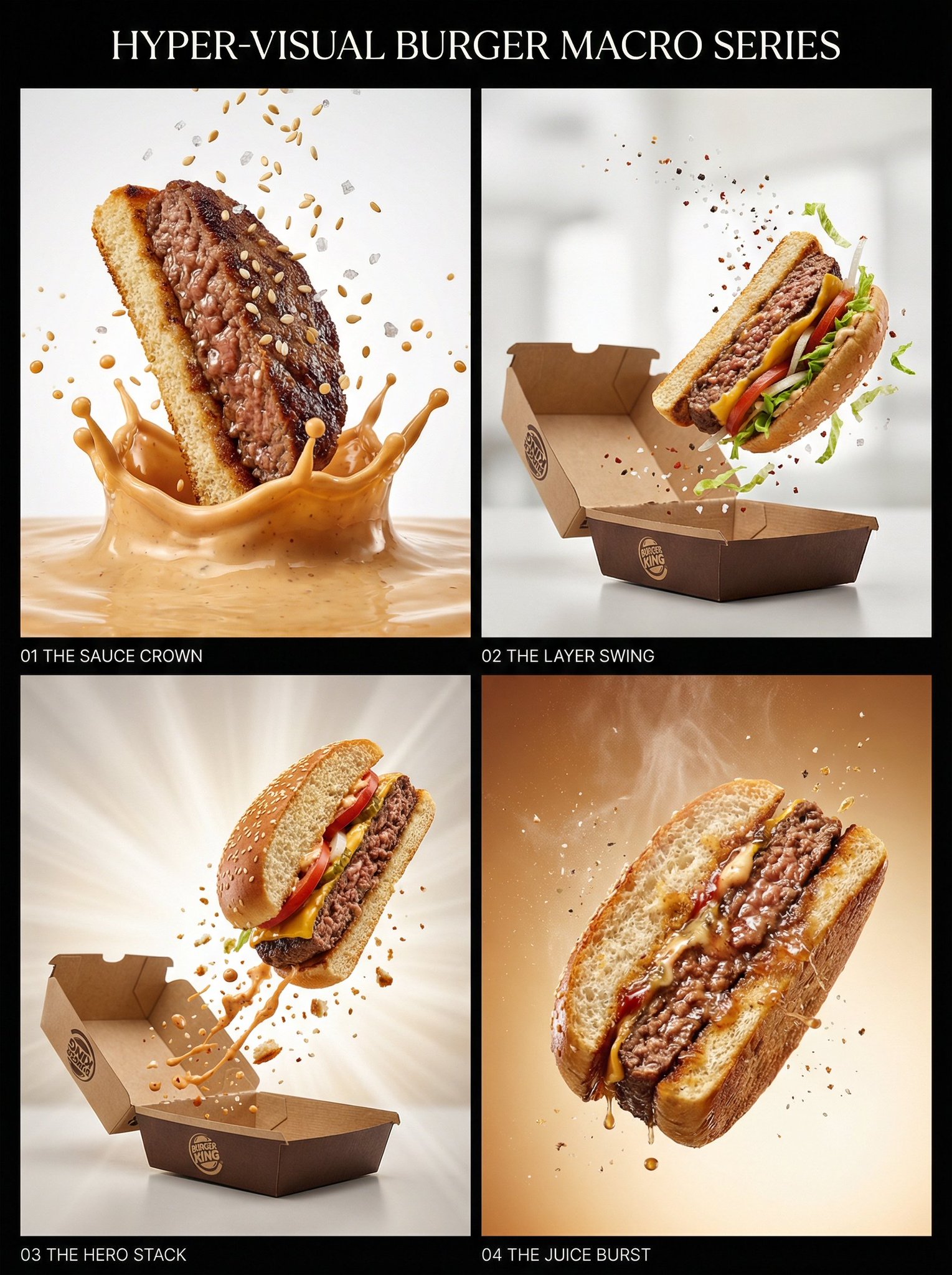 Hyper-realistic burger macro advertising series showing dynamic sauce crown splashes, floating ingredients, and cinematic studio-lit fast food compositions.