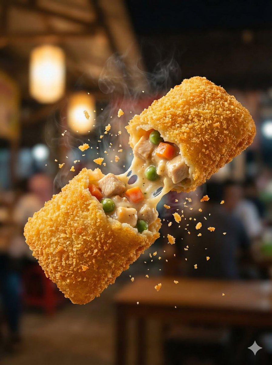 Hyper-realistic macro food photography of crispy martabak telur tearing open mid-air with beef, egg, and scallion filling bursting out with steam and golden lighting. Thumbnail 2