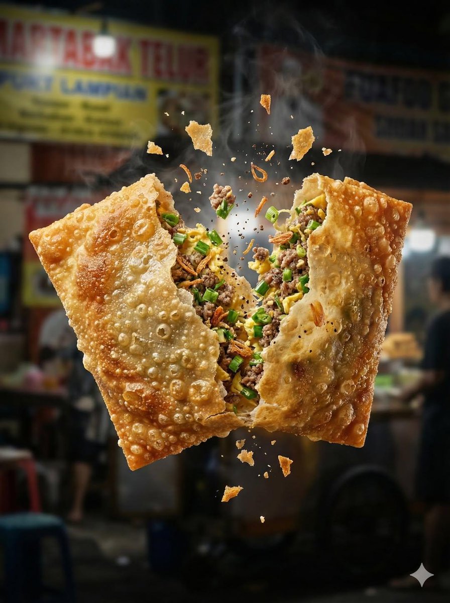 Hyper-realistic macro food photography of crispy martabak telur tearing open mid-air with beef, egg, and scallion filling bursting out with steam and golden lighting. Thumbnail 4