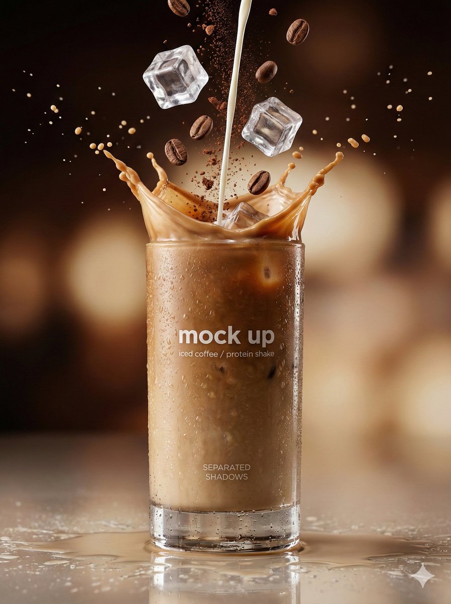Ultra-realistic commercial beverage photography of a tall iced coffee or protein shake glass with frozen splash, floating ice cubes, and cinematic café lighting.