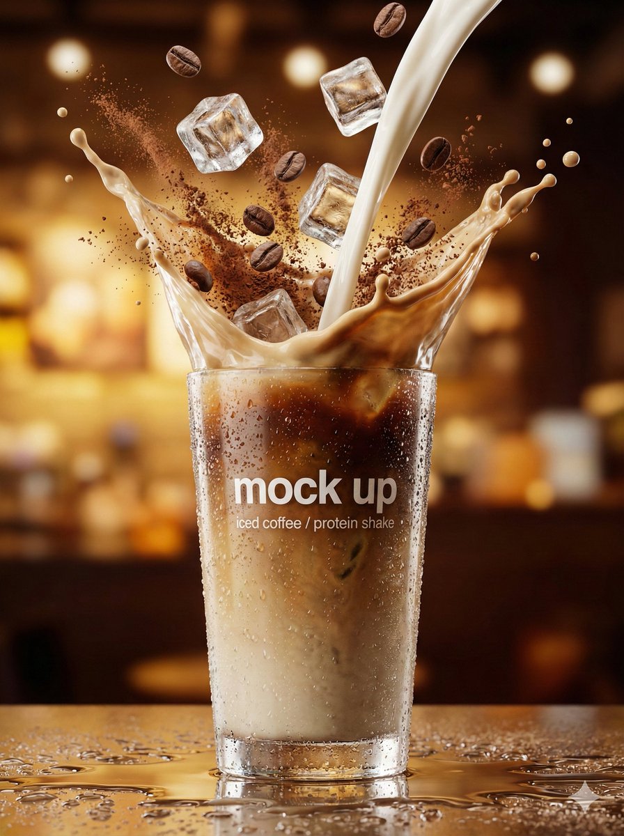 Ultra-realistic commercial beverage photography of a tall iced coffee or protein shake glass with frozen splash, floating ice cubes, and cinematic café lighting. Thumbnail 2