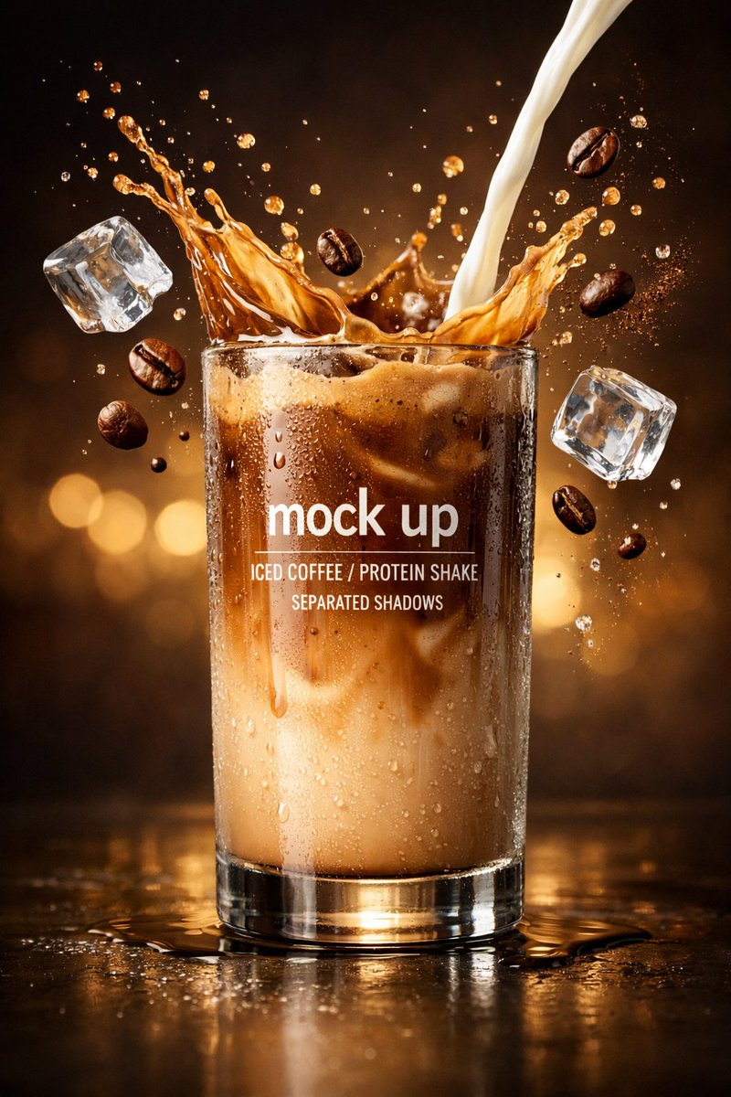Ultra-realistic commercial beverage photography of a tall iced coffee or protein shake glass with frozen splash, floating ice cubes, and cinematic café lighting. Thumbnail 3