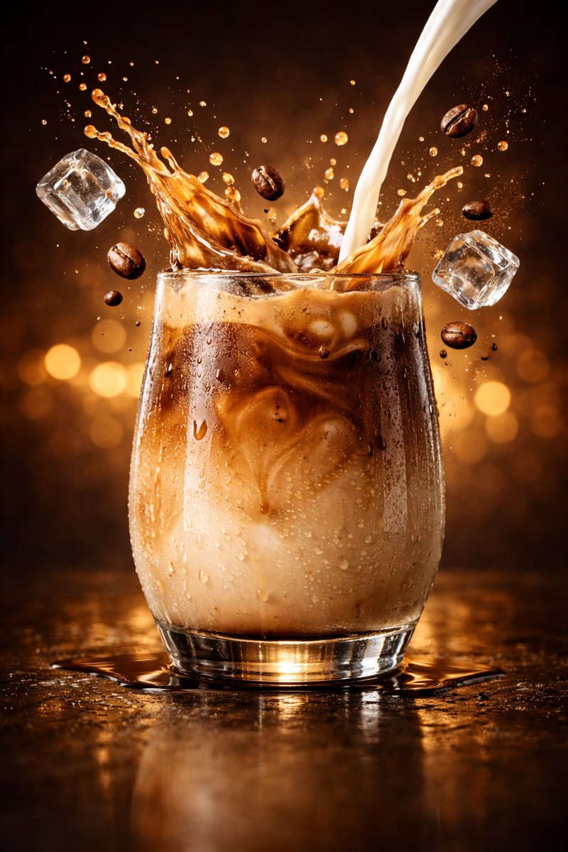 Ultra-realistic commercial beverage photography of a tall iced coffee or protein shake glass with frozen splash, floating ice cubes, and cinematic café lighting. Thumbnail 4