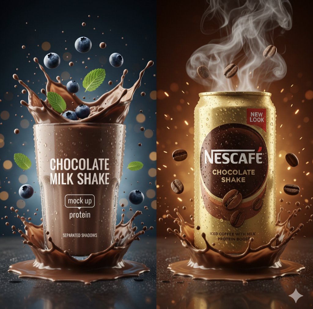 Hyper-realistic split-screen commercial beverage photography showing a chocolate milkshake with splash effects on the left and a premium gold drink can with explosive liquid crown on the right.
