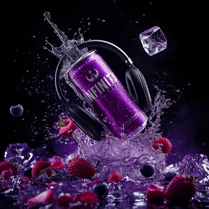 Ultra-cinematic purple energy drink can floating mid-air with headphones, surrounded by liquid splashes, berries, and ice in dramatic studio lighting.