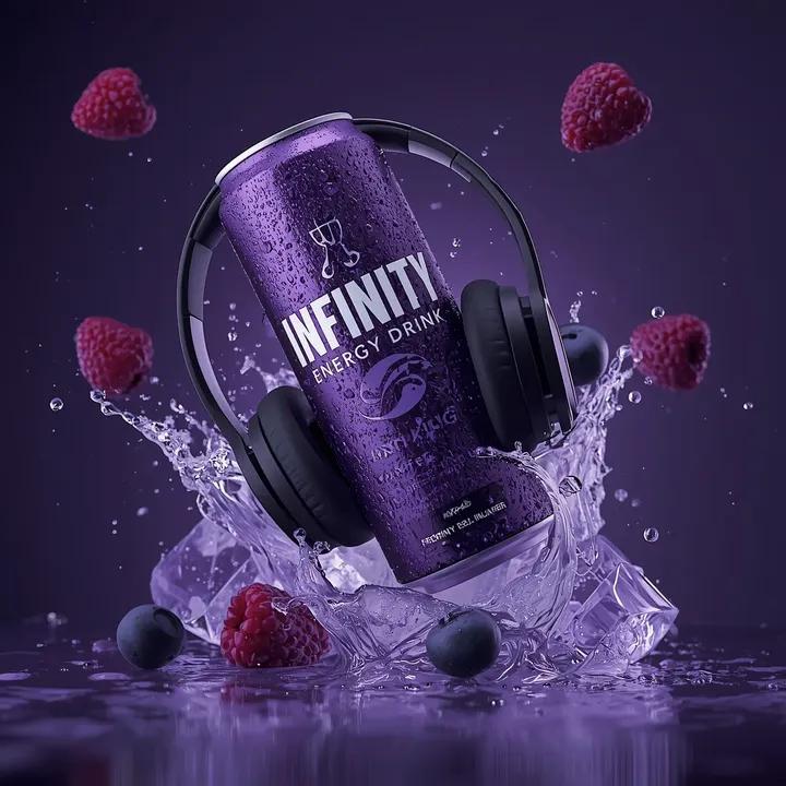 Ultra-cinematic purple energy drink can floating mid-air with headphones, surrounded by liquid splashes, berries, and ice in dramatic studio lighting. Thumbnail 3