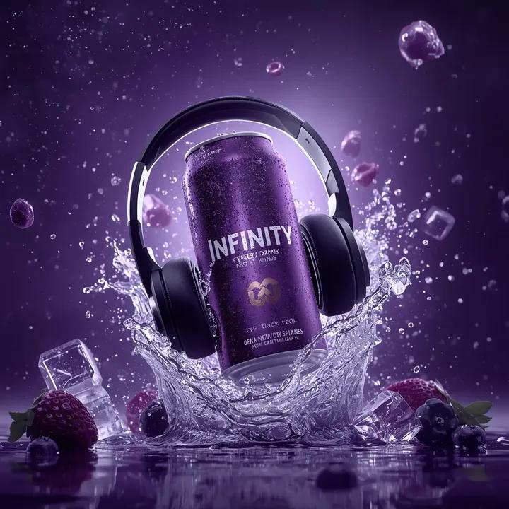 Ultra-cinematic purple energy drink can floating mid-air with headphones, surrounded by liquid splashes, berries, and ice in dramatic studio lighting. Thumbnail 4