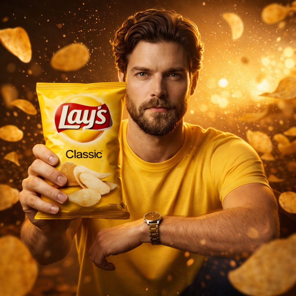 Cinematic ultra-realistic advertisement of a man holding a Lay’s chips packet with flavor-themed styling, flying chips, and golden-hour lighting in a premium commercial shoot.