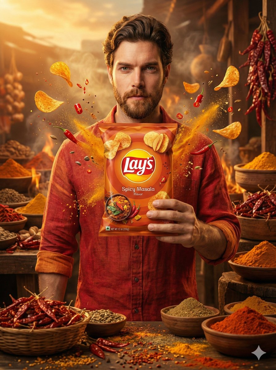 Cinematic ultra-realistic advertisement of a man holding a Lay’s chips packet with flavor-themed styling, flying chips, and golden-hour lighting in a premium commercial shoot. Thumbnail 2