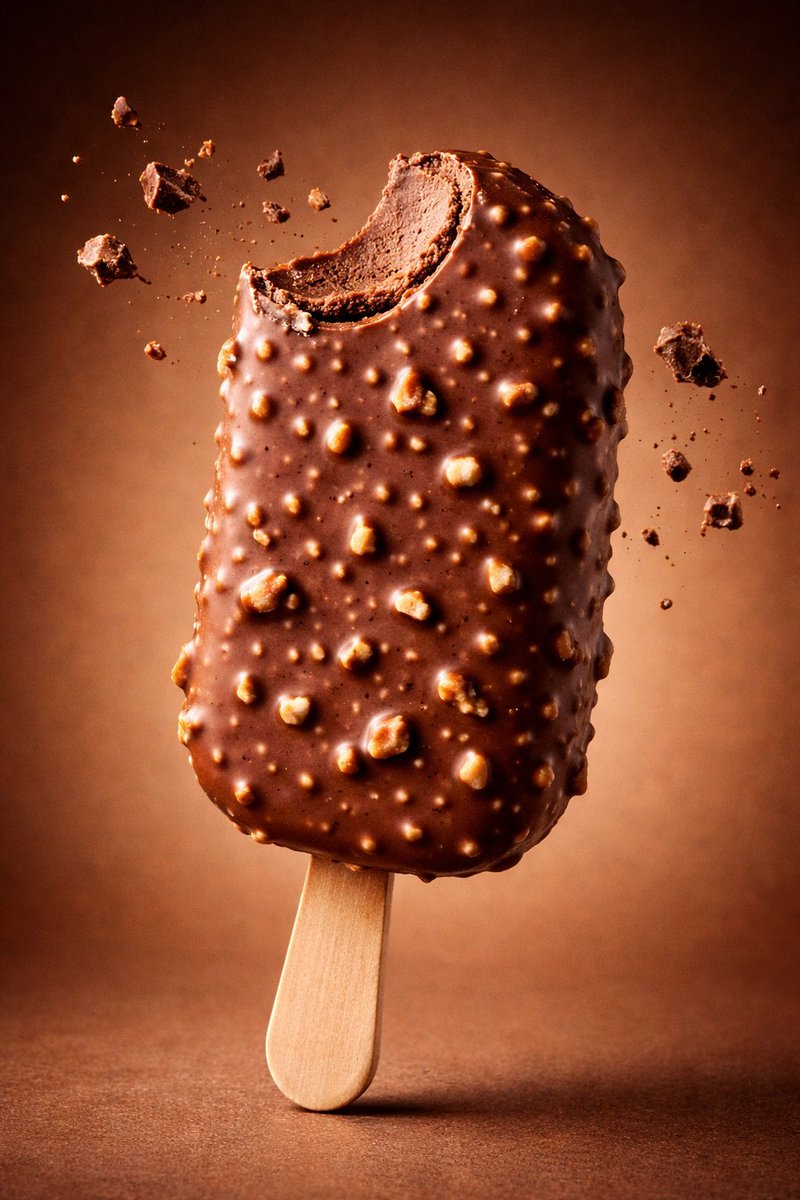 Hyper-realistic commercial dessert photography series showing ice cream cone with purple splash, chocolate ice cream bar bite, and fruit popsicle with dynamic frozen motion effects.