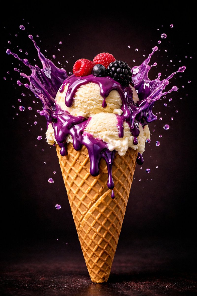 Hyper-realistic commercial dessert photography series showing ice cream cone with purple splash, chocolate ice cream bar bite, and fruit popsicle with dynamic frozen motion effects. Thumbnail 2