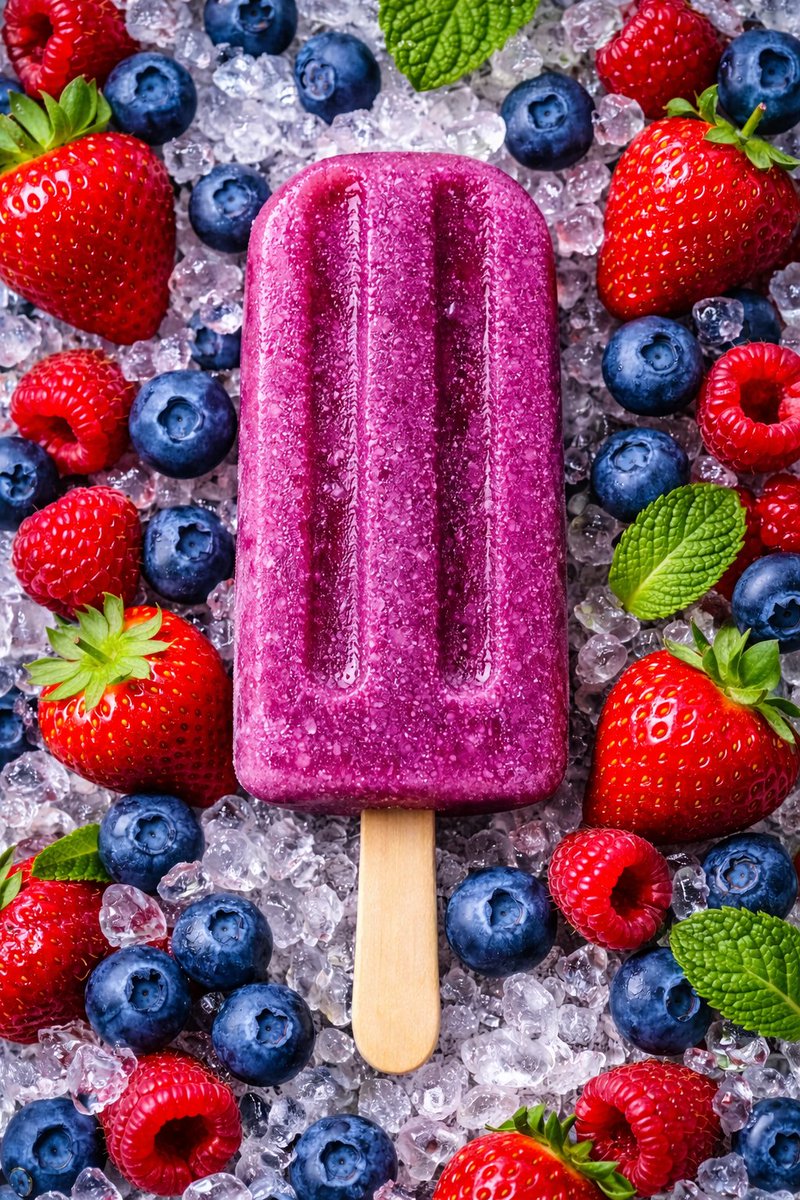 Hyper-realistic commercial dessert photography series showing ice cream cone with purple splash, chocolate ice cream bar bite, and fruit popsicle with dynamic frozen motion effects. Thumbnail 3