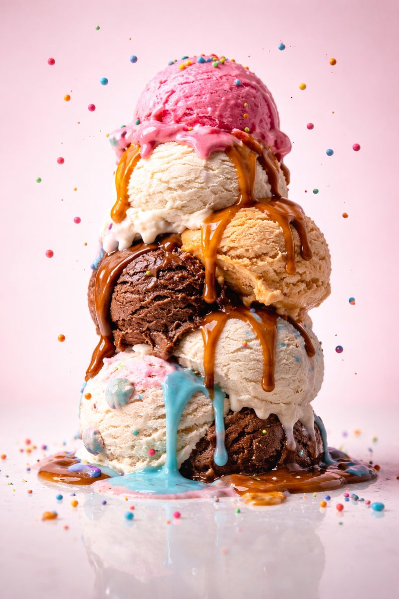 Hyper-realistic commercial dessert photography series showing ice cream cone with purple splash, chocolate ice cream bar bite, and fruit popsicle with dynamic frozen motion effects. Thumbnail 4