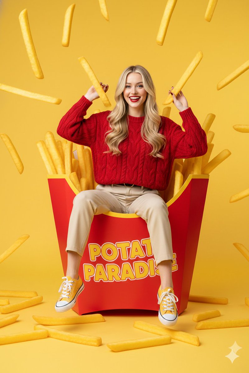 Surreal commercial photography of a woman sitting inside a giant red french fry carton surrounded by floating fries in a bright yellow studio background.