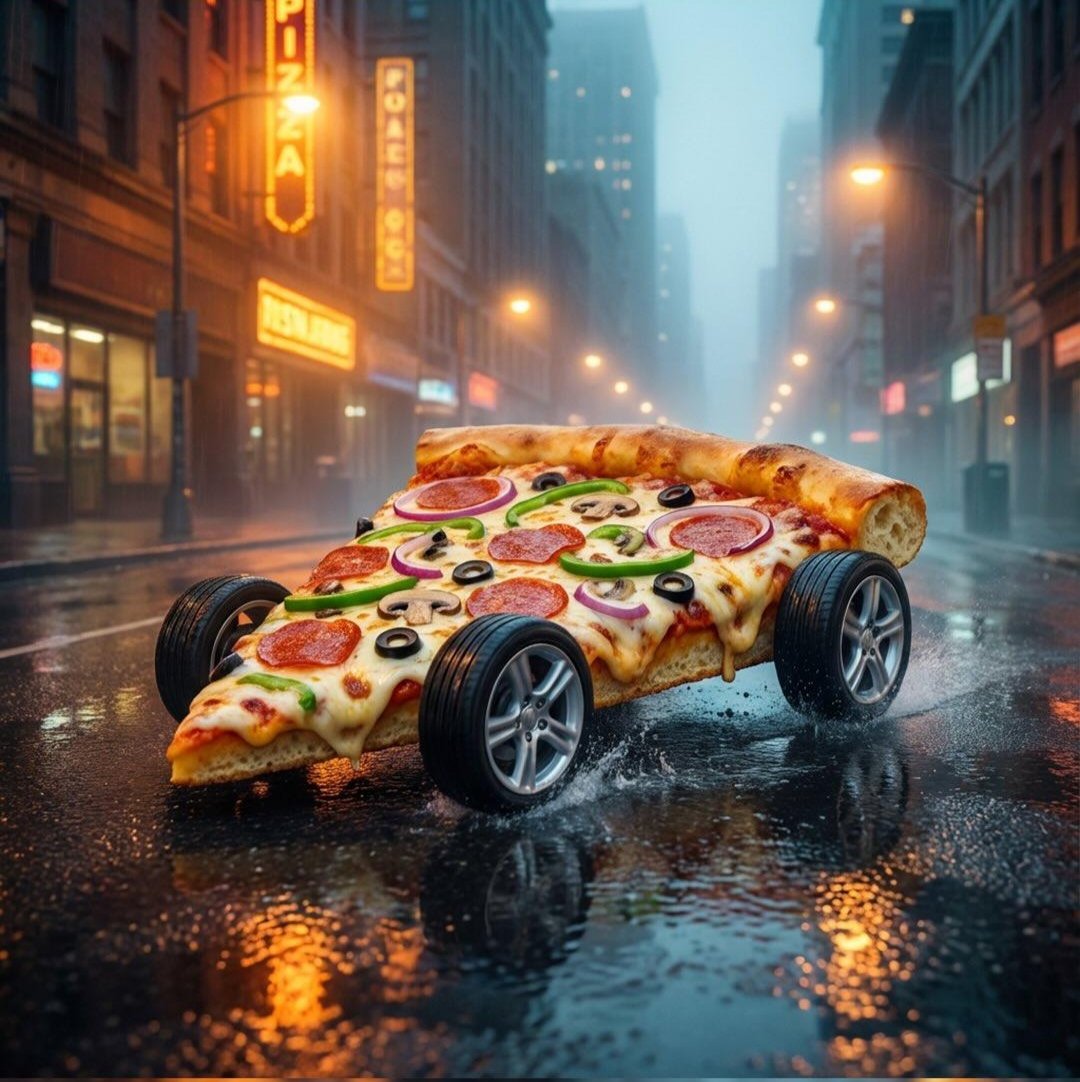 Surreal cinematic fantasy world showing giant pizza forming a coastal mountain road and a pizza slice transformed into a futuristic cyberpunk car in a neon city. Thumbnail 2