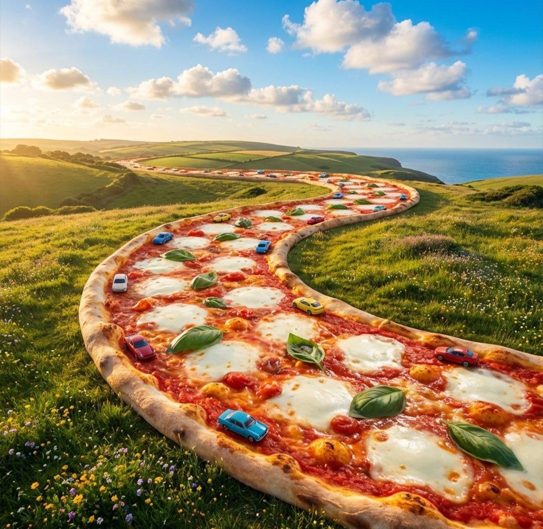 Surreal cinematic fantasy world showing giant pizza forming a coastal mountain road and a pizza slice transformed into a futuristic cyberpunk car in a neon city. Thumbnail 3