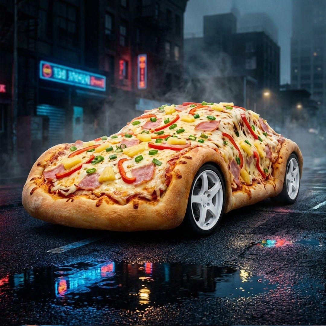 Surreal cinematic fantasy world showing giant pizza forming a coastal mountain road and a pizza slice transformed into a futuristic cyberpunk car in a neon city. Thumbnail 4