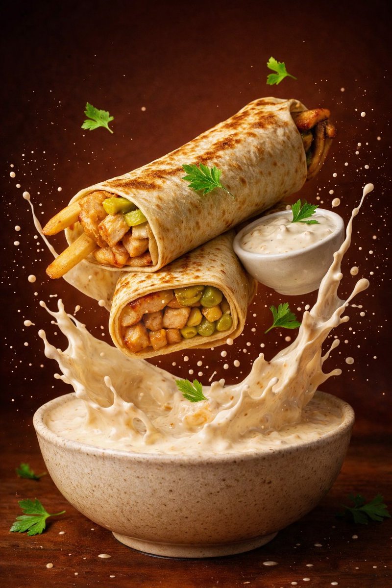 Hyper-realistic commercial food photography series showing floating tortilla wraps with sauce splash, flying potato chips, and steaming beef noodle soup in cinematic studio lighting. Thumbnail 2