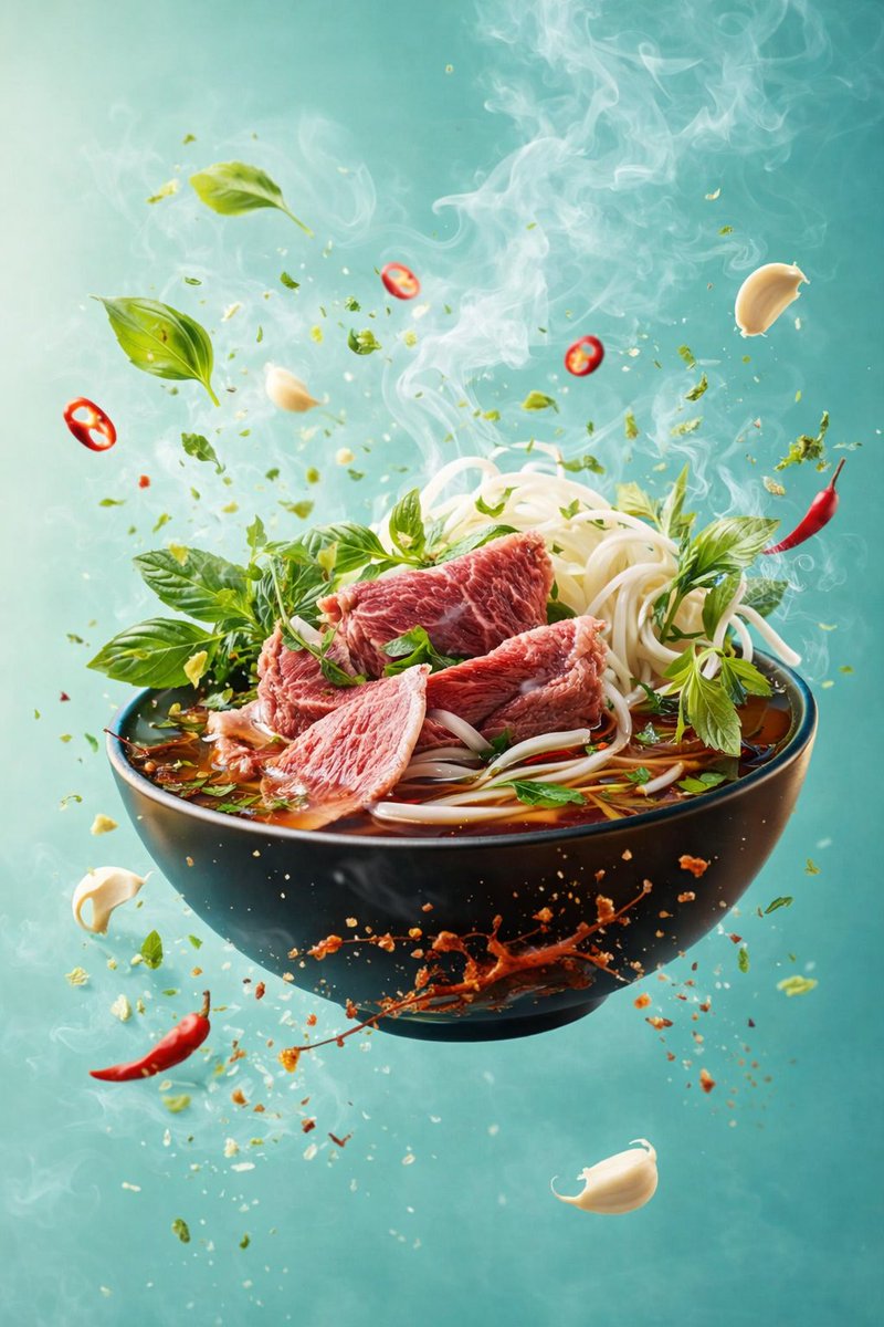 Hyper-realistic commercial food photography series showing floating tortilla wraps with sauce splash, flying potato chips, and steaming beef noodle soup in cinematic studio lighting. Thumbnail 3