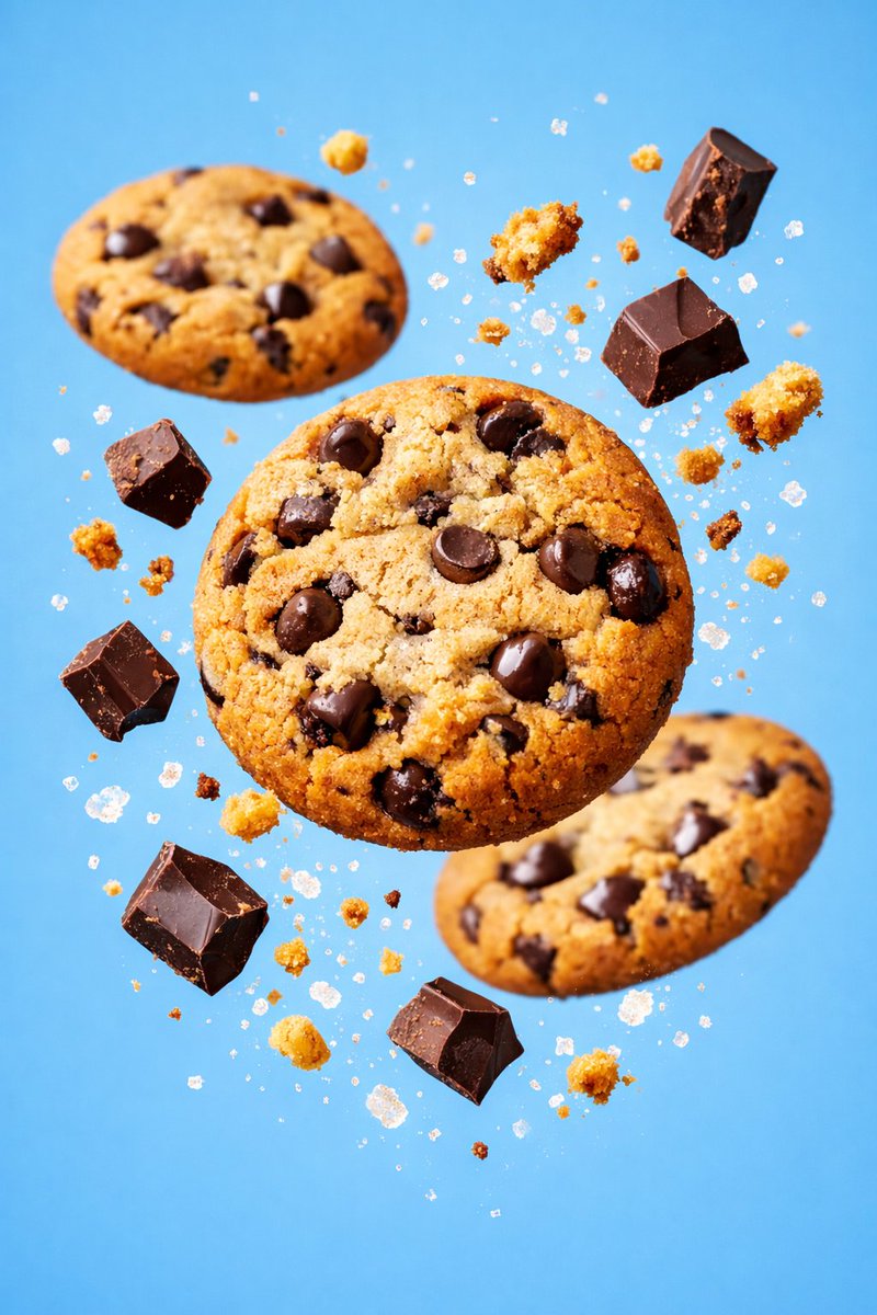 Ultra-realistic commercial photography of three chocolate chip cookies with floating chocolate chunks and sugar crystals in a clean pastel blue studio background. Thumbnail 2