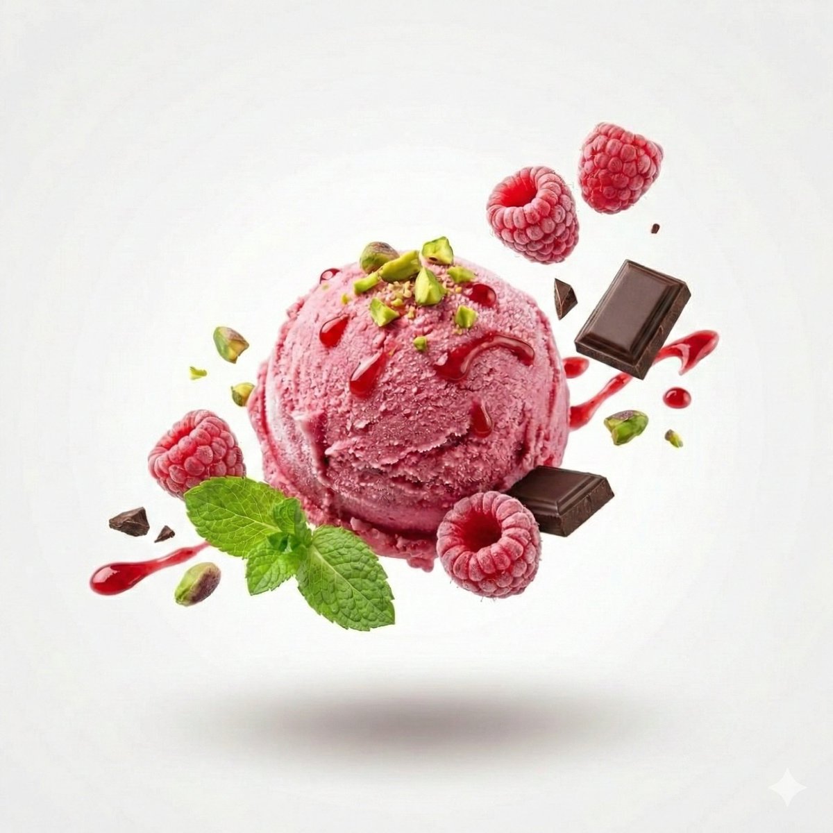 Minimalist luxury commercial food photography showing floating ice cream, hotdog, and dumplings with orbiting ingredients on a clean white studio background. Thumbnail 2