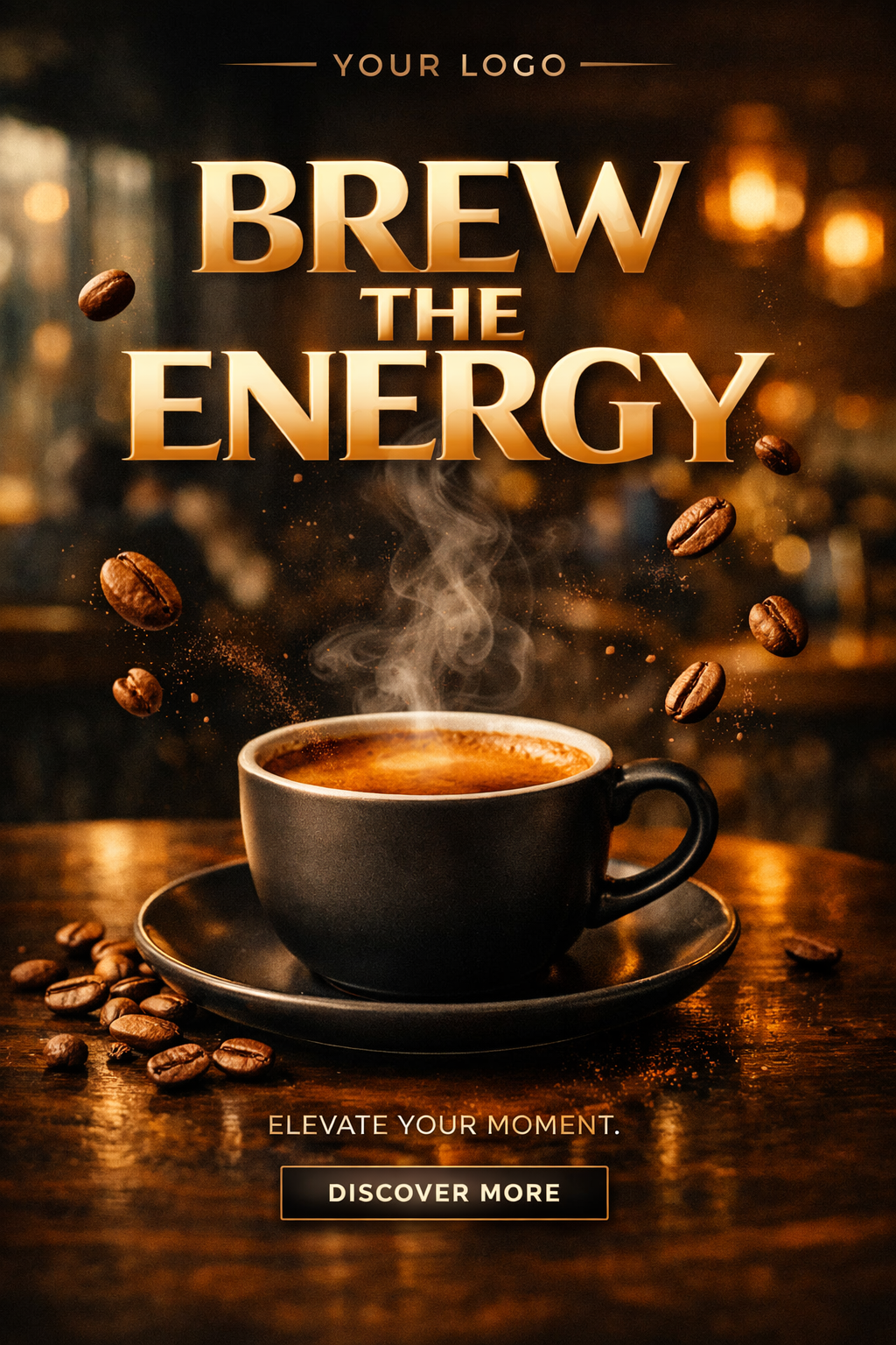 A bold luxury coffee brand poster featuring cinematic espresso photography with large modern typography and premium café advertising aesthetics.