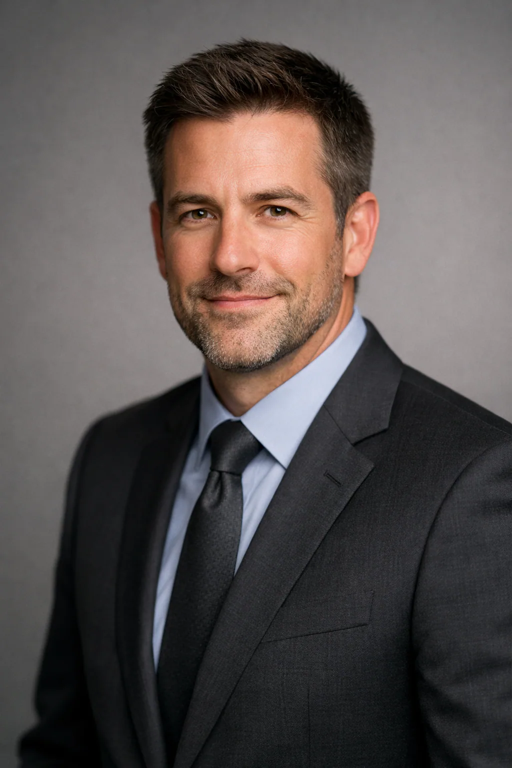 Professional corporate headshot of a business professional in studio lighting with a neutral gray background and confident expression.