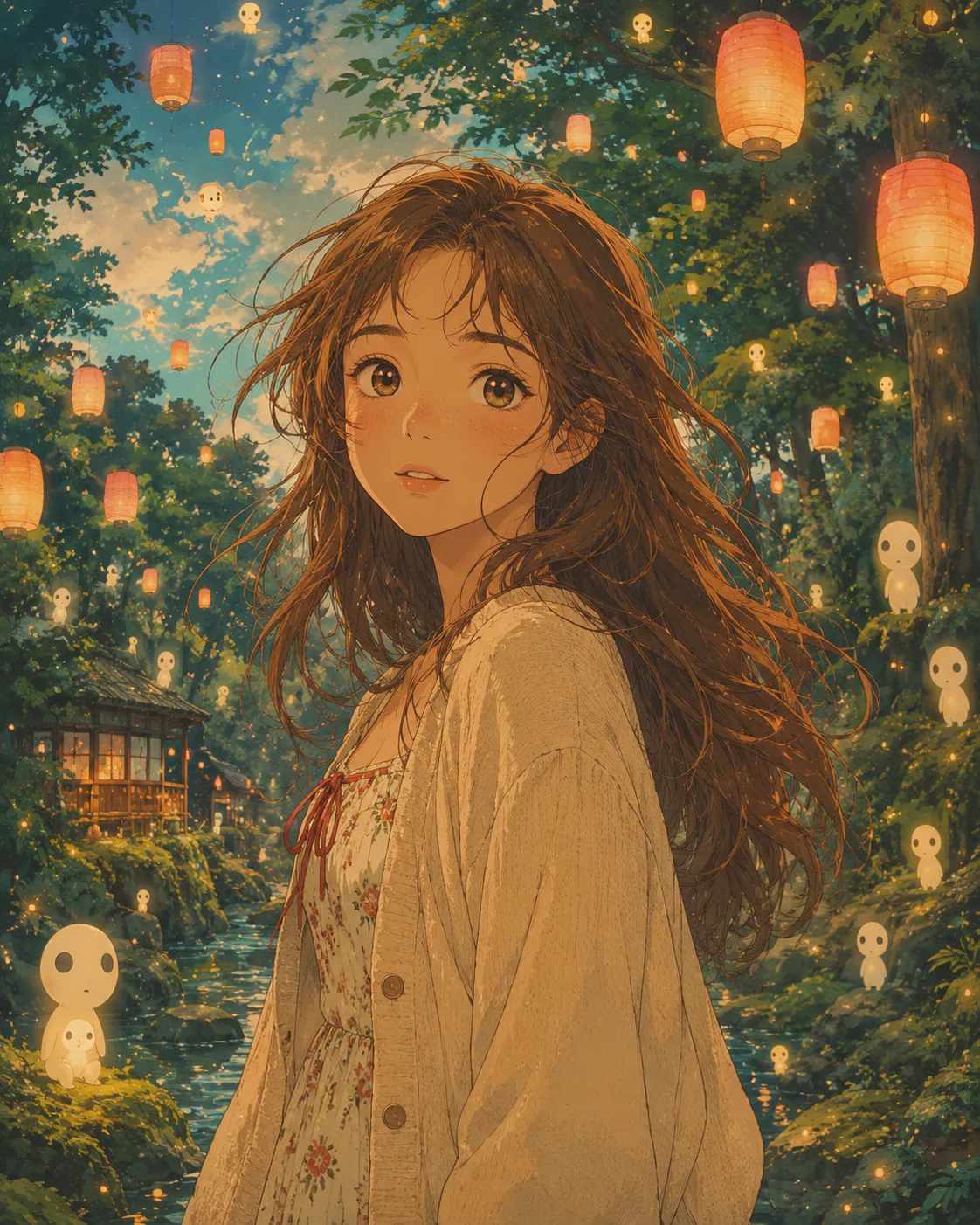 Studio Ghibli-inspired anime portrait of a young woman in a magical lantern forest with watercolor textures and warm nostalgic lighting.