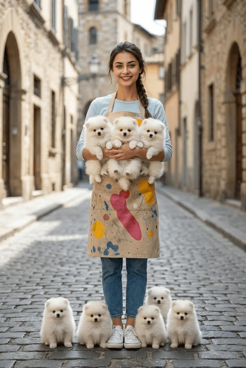 Full-body cinematic outdoor portrait of a person surrounded by nine fluffy white Pomeranian puppies in a warm natural daylight setting.