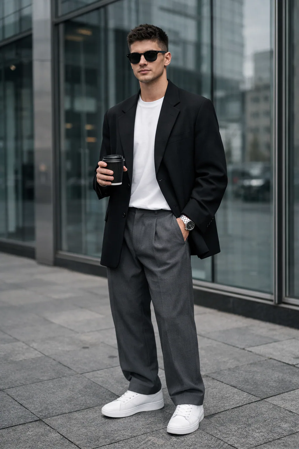 Stylish young man wearing an oversized black blazer and sunglasses standing outside a modern glass building with a premium streetwear aesthetic.