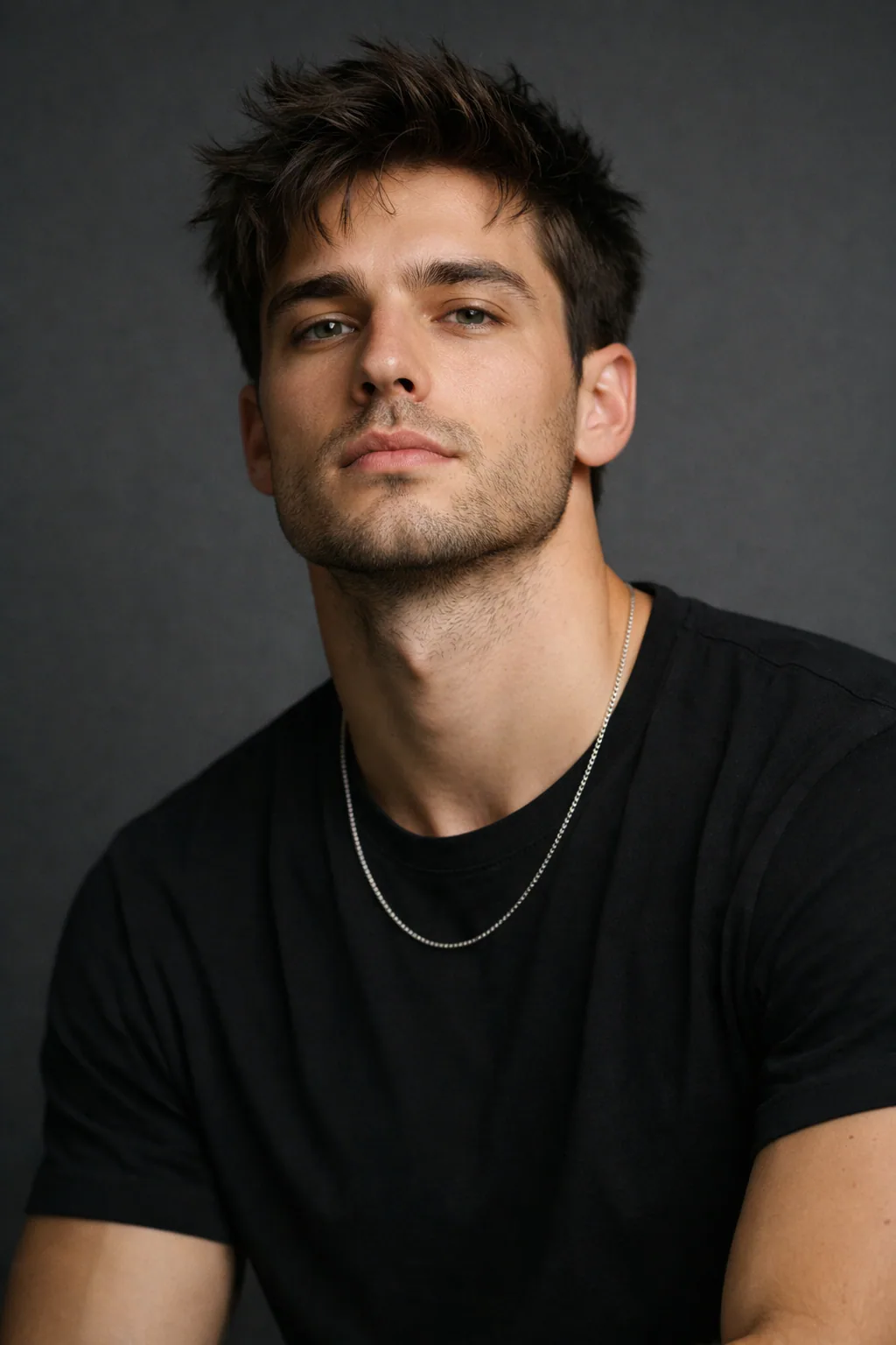Close-up portrait of a stylish young man wearing a black t-shirt and silver chain against a dark grey studio background with a minimal cinematic aesthetic.