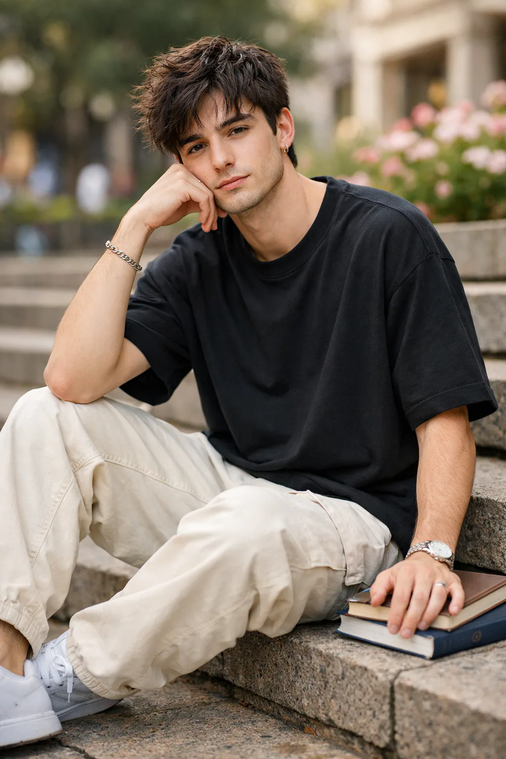 Stylish young man sitting casually on outdoor steps wearing an oversized black t-shirt and cream cargo pants with a relaxed Pinterest-inspired lifestyle aesthetic.