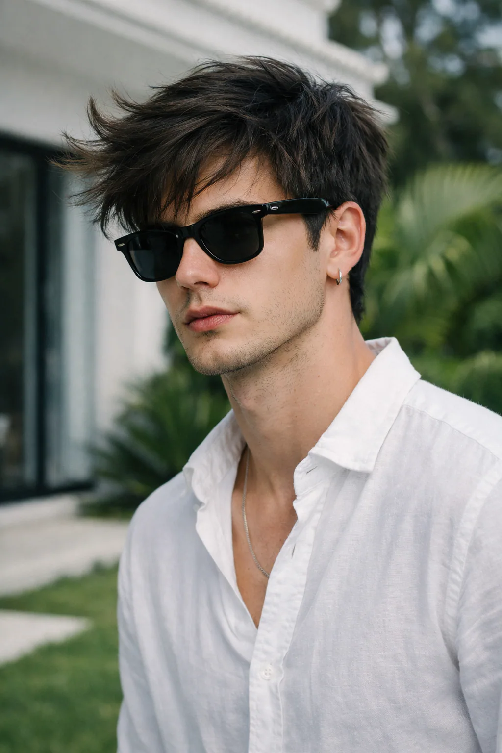 Stylish young man in a white shirt and sunglasses captured in a close-up outdoor portrait with a luxury garden villa background and a clean summer aesthetic.