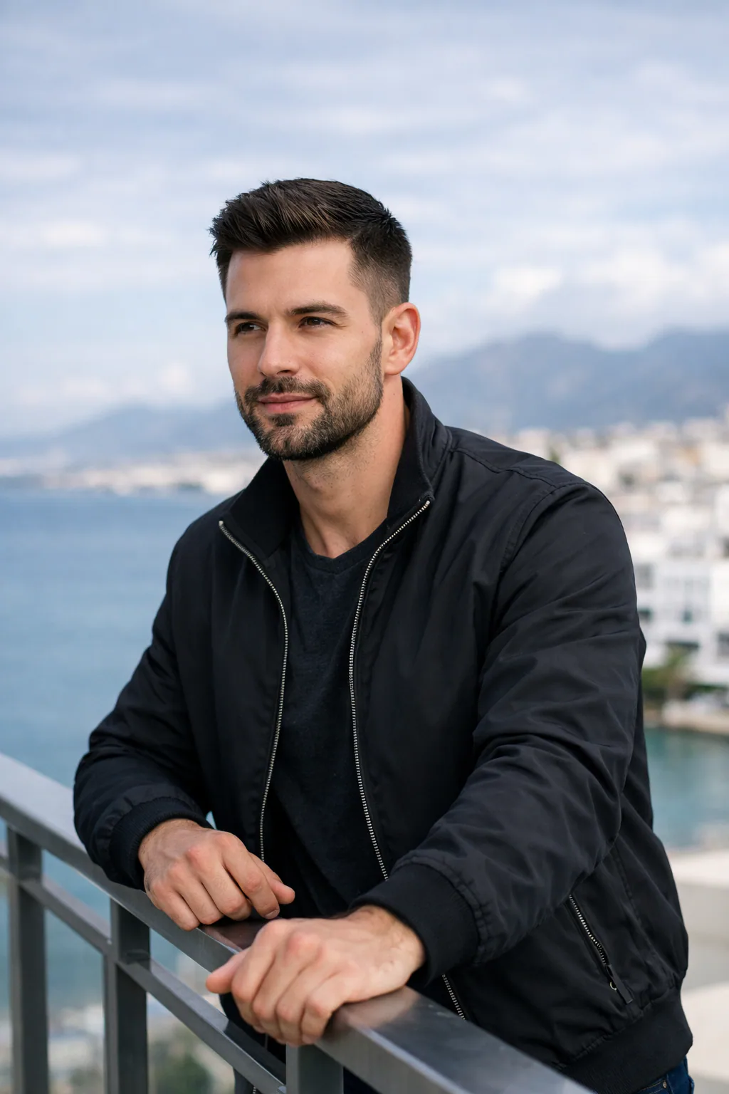 Stylish young man leaning on a balcony with a coastal city and ocean view in the background, wearing a black jacket with a clean premium travel aesthetic.