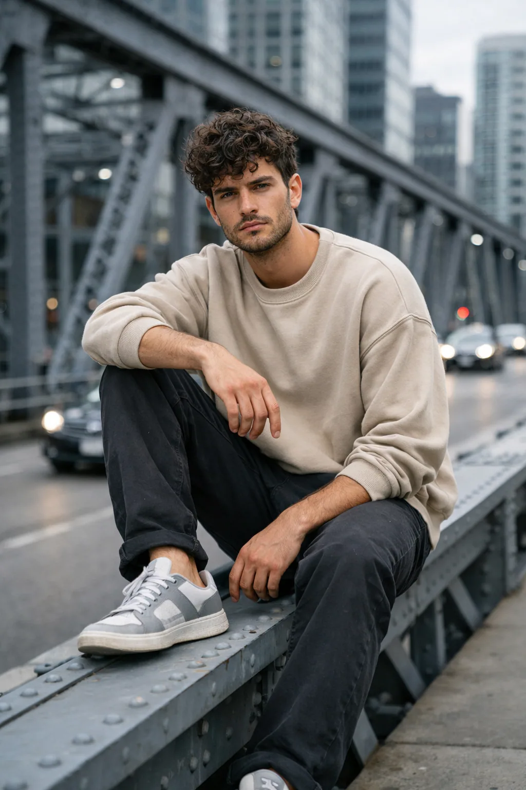 Stylish young man sitting on a bridge railing wearing a beige sweatshirt with a blurred urban city background and cinematic street lighting aesthetic.