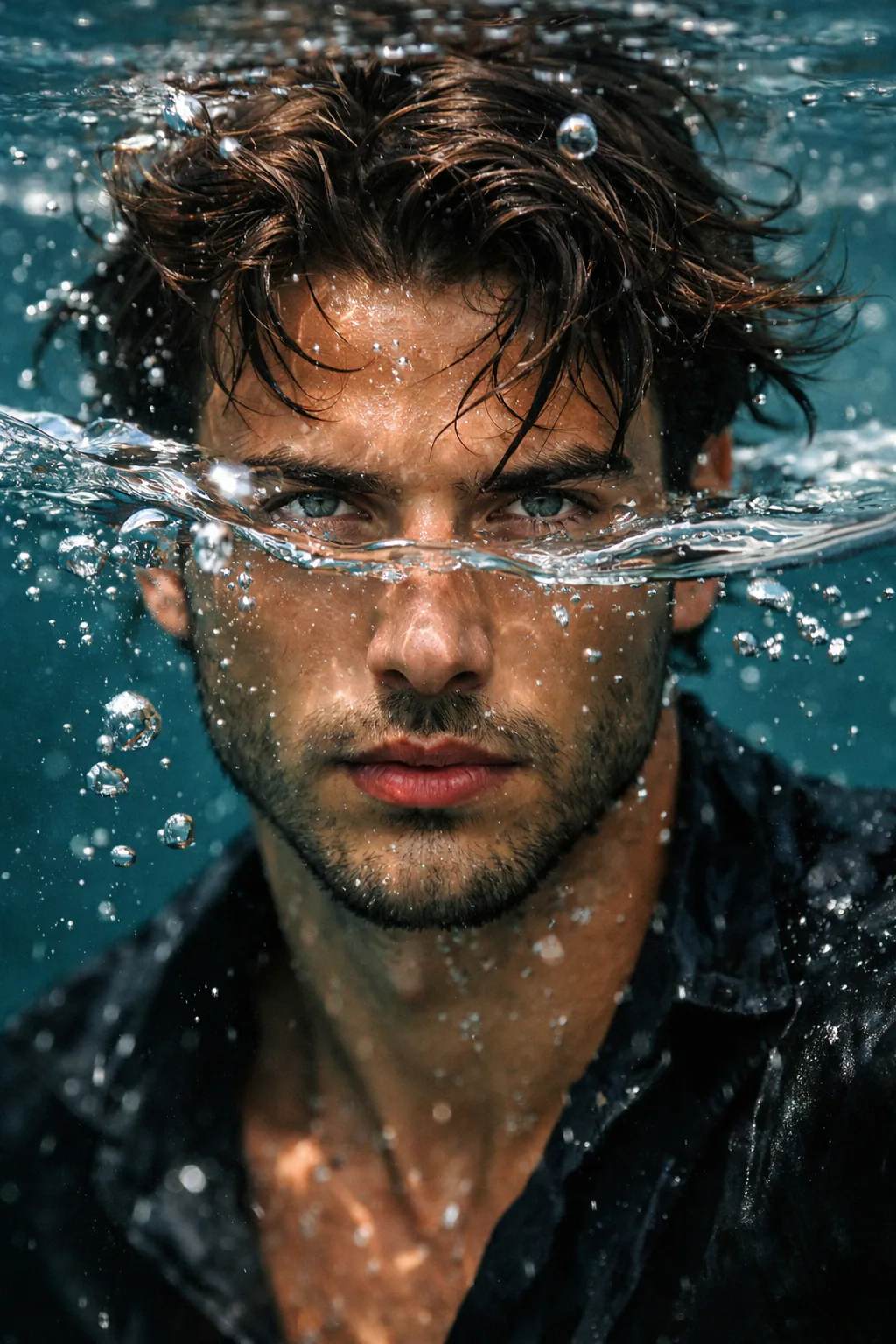 Close-up underwater portrait of a stylish young man with wet hair and intense eyes, surrounded by bubbles and deep teal ocean tones in a cinematic fashion aesthetic.