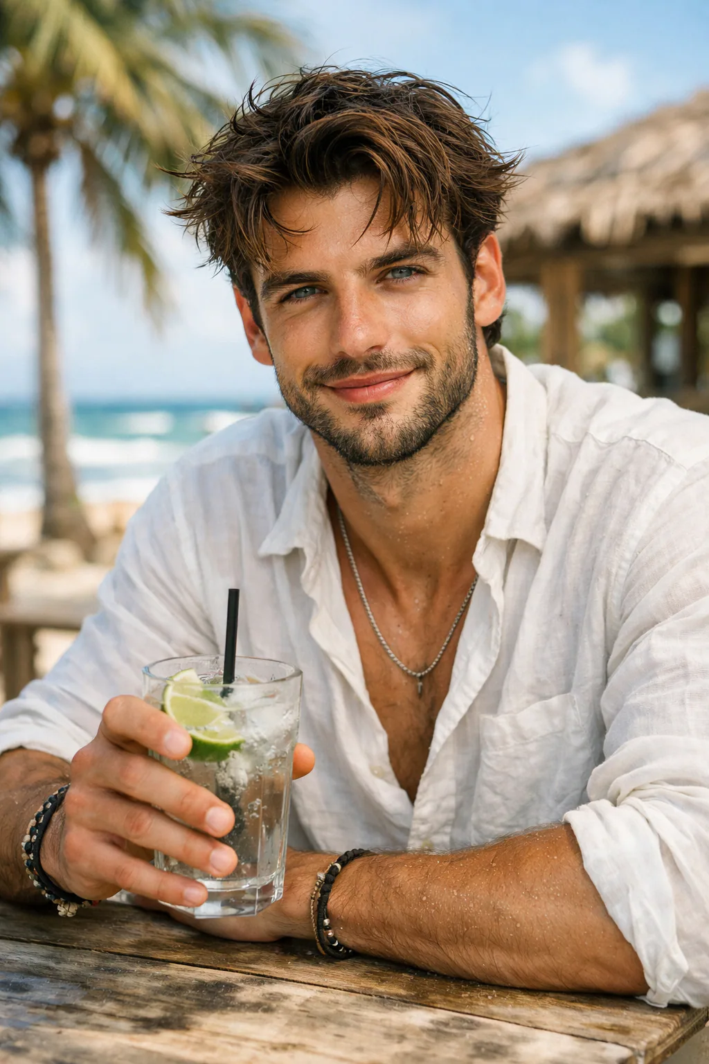 Stylish young man sitting at a beachside café holding a cold drink in a white linen shirt with a blurred tropical ocean and palm tree background.